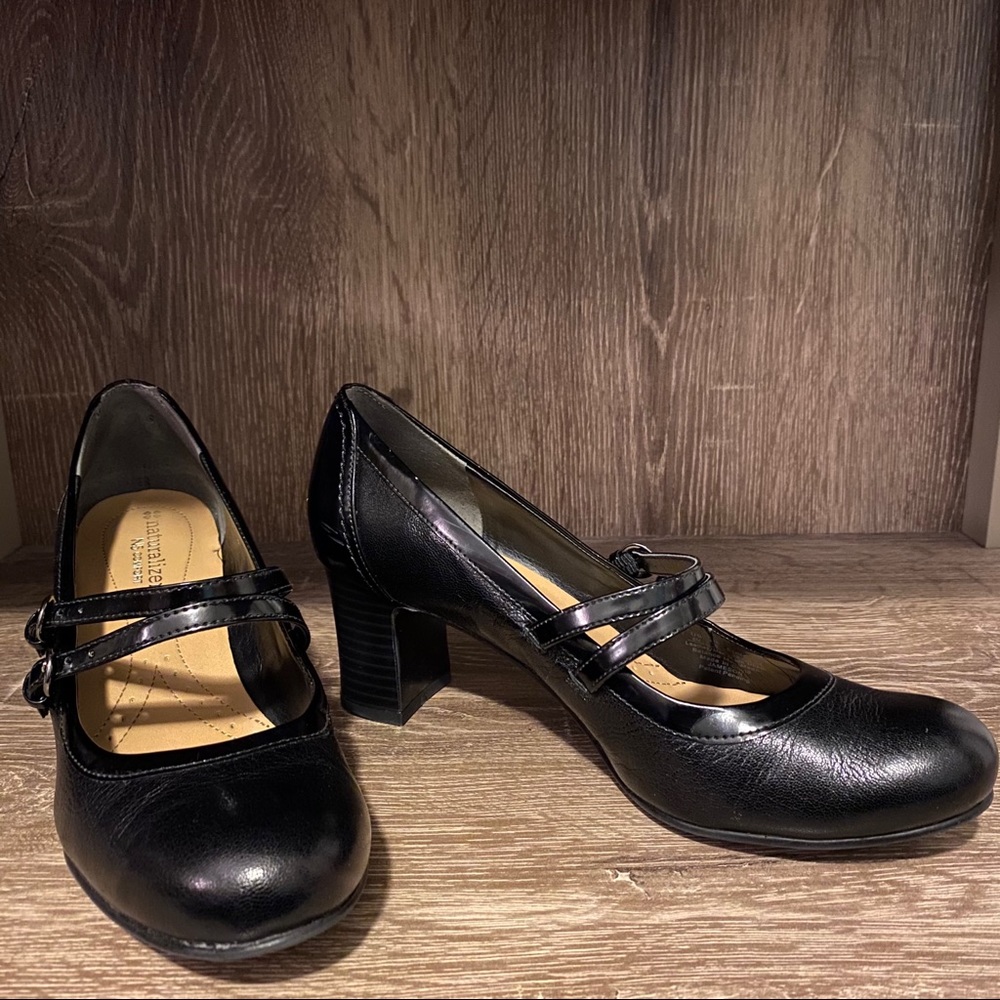 Black comfort heels with buckle straps